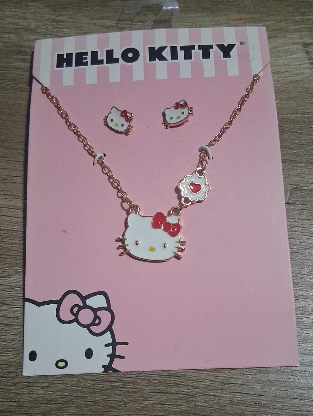 Hello Kitty Pink and White Enamel Necklace & Stud Earring Set
